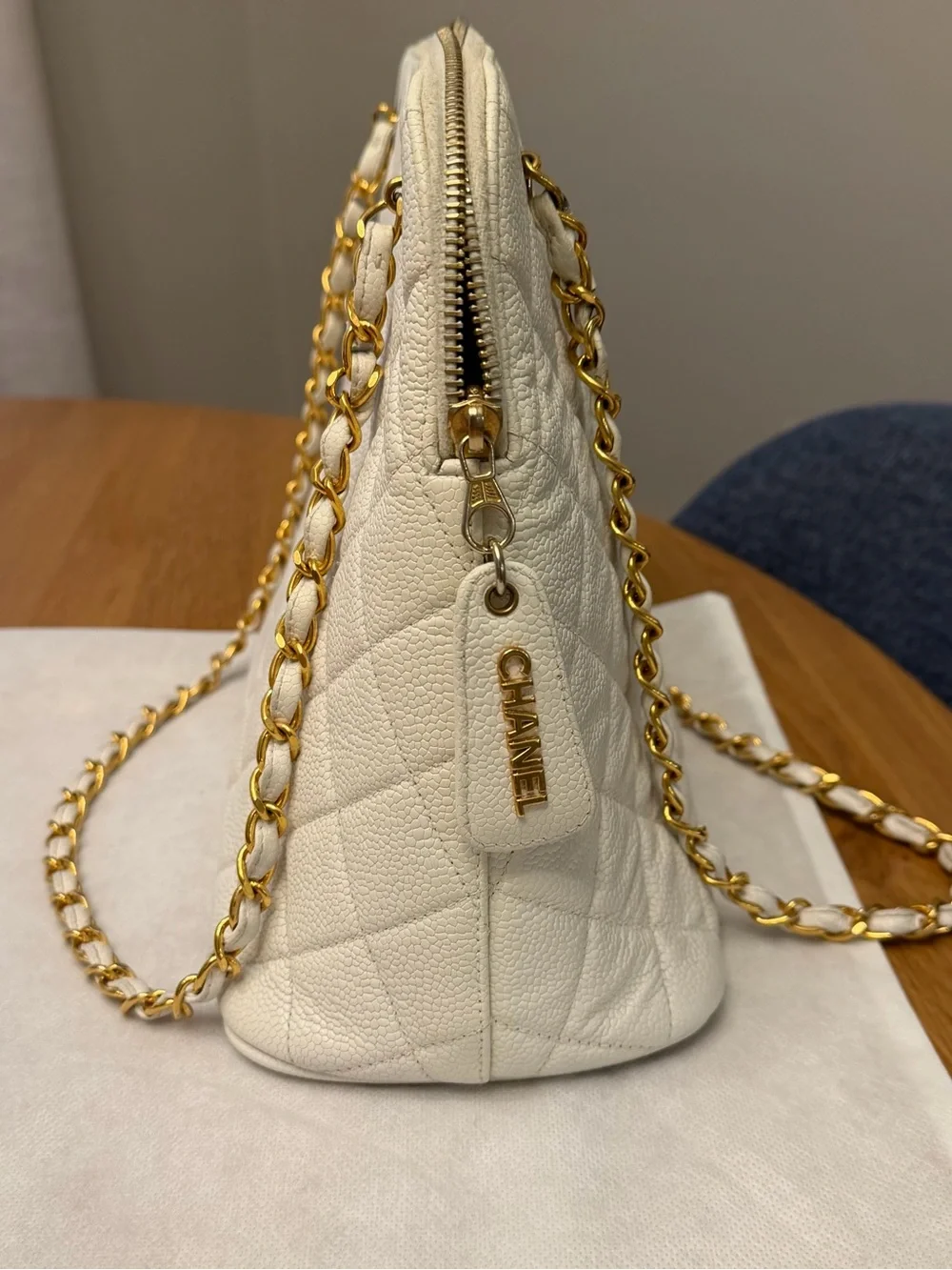 Authentic Vintage White Chanel Caviar Quilted Chain Tote - 24k Plated GHW